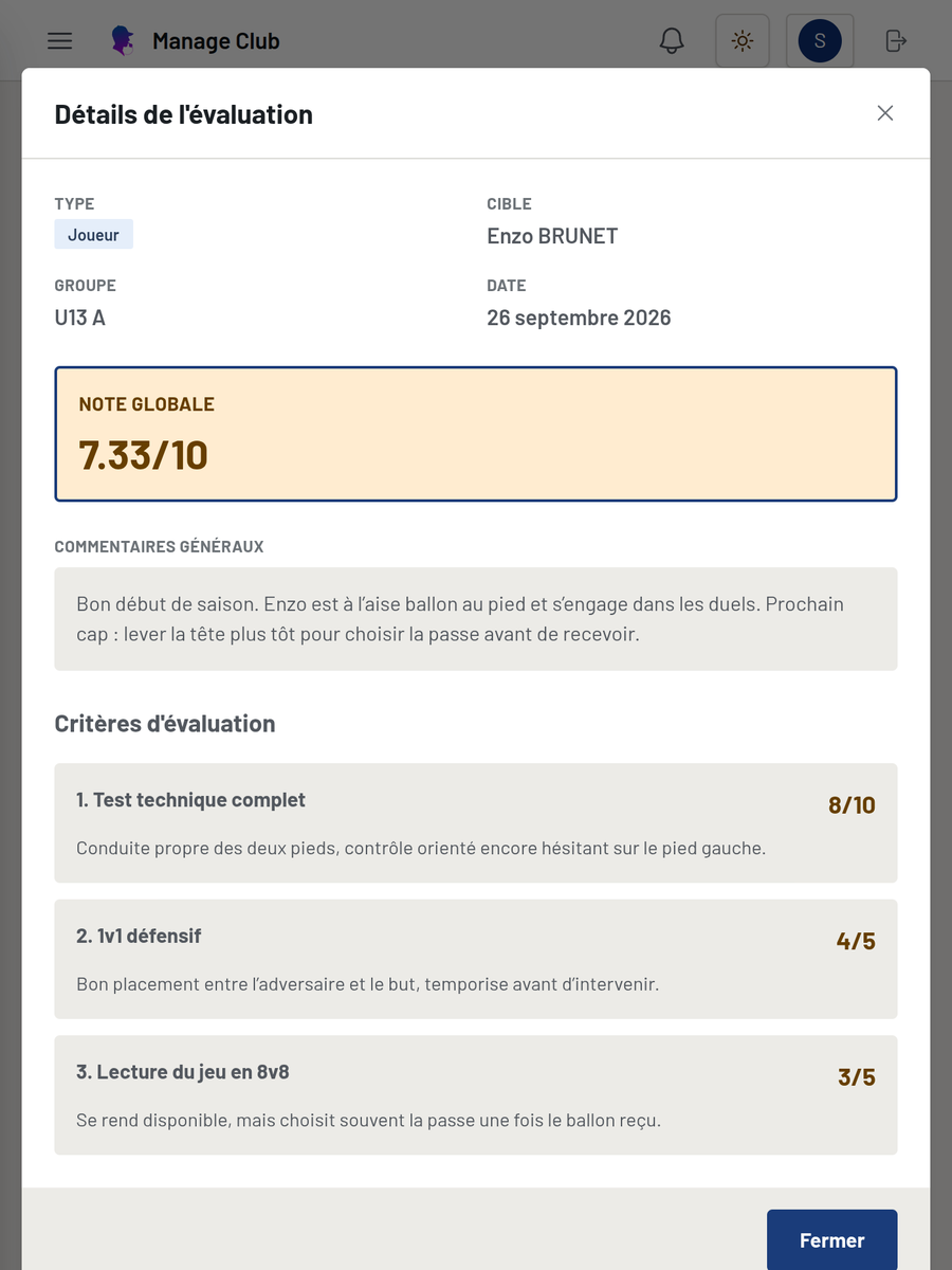 Le détail d'une évaluation sur tablette : la note globale, un commentaire, et trois critères notés chacun avec sa remarque.