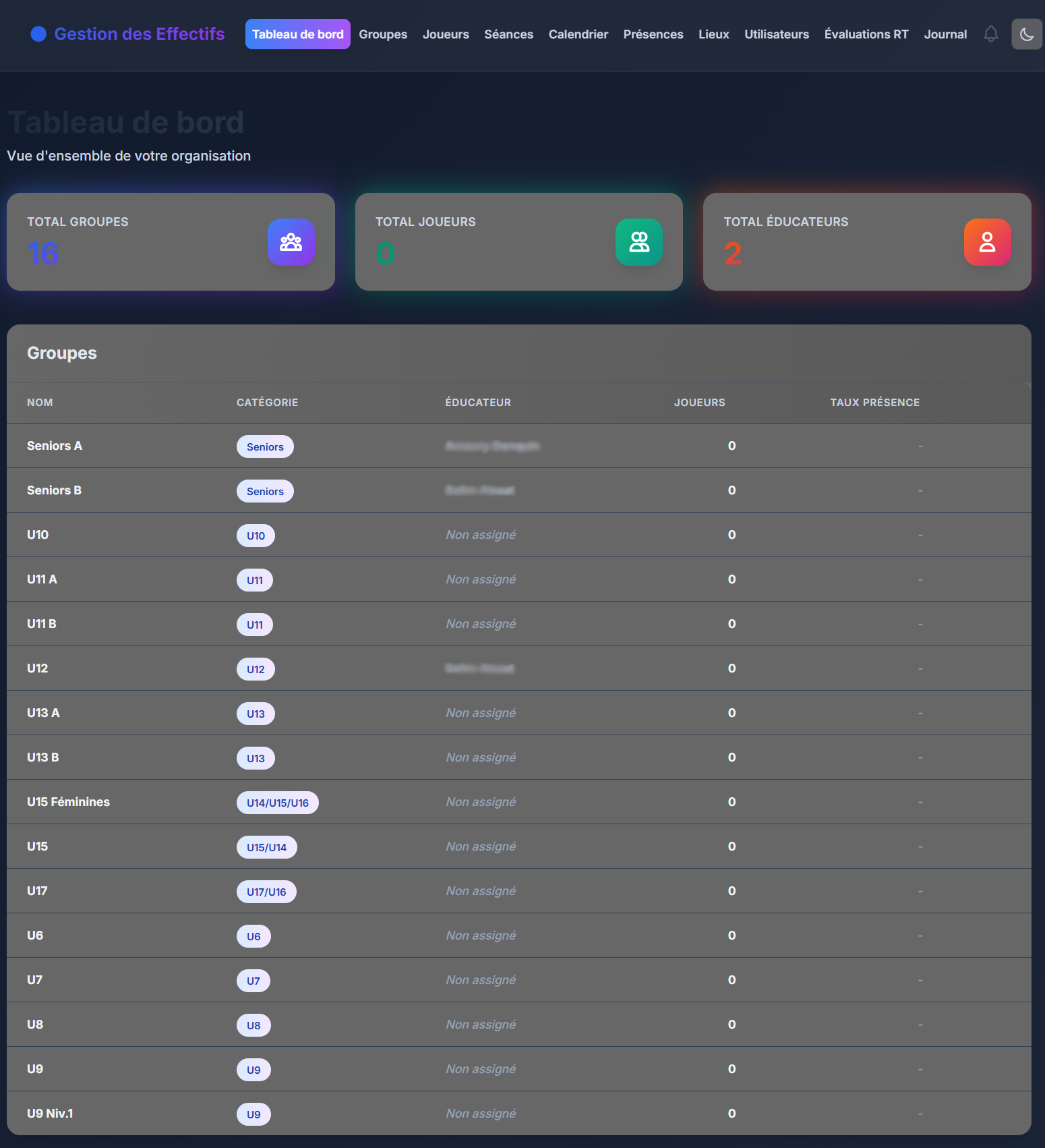 Interface du dashboard de Manage-Club montrant les statistiques et la liste des joueurs