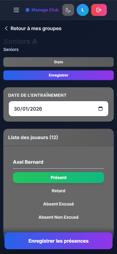 Interface de pointage des présences optimisée pour mobile