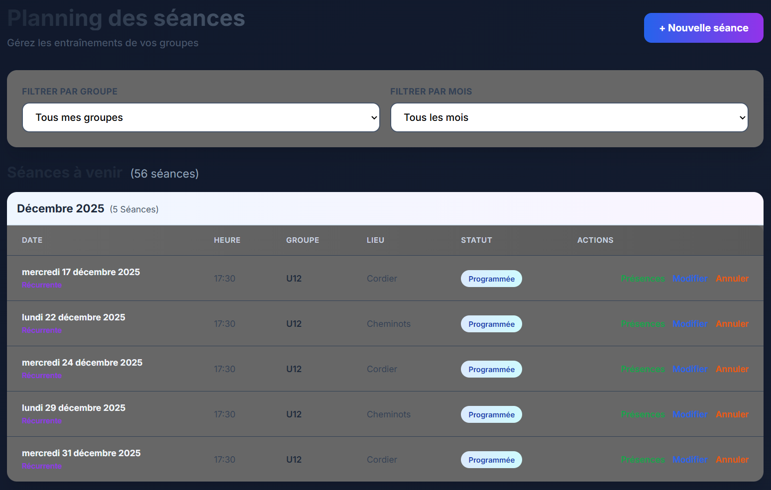 Vue calendrier des séances d'entraînement et matchs
